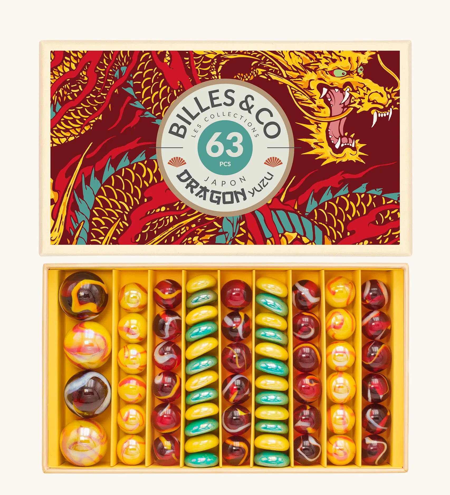 Billes and Co glass marbles Japan Dragon Yuzu in red, yellow and blue - a mix of large, standard and flat marbles in a dragon gift box.