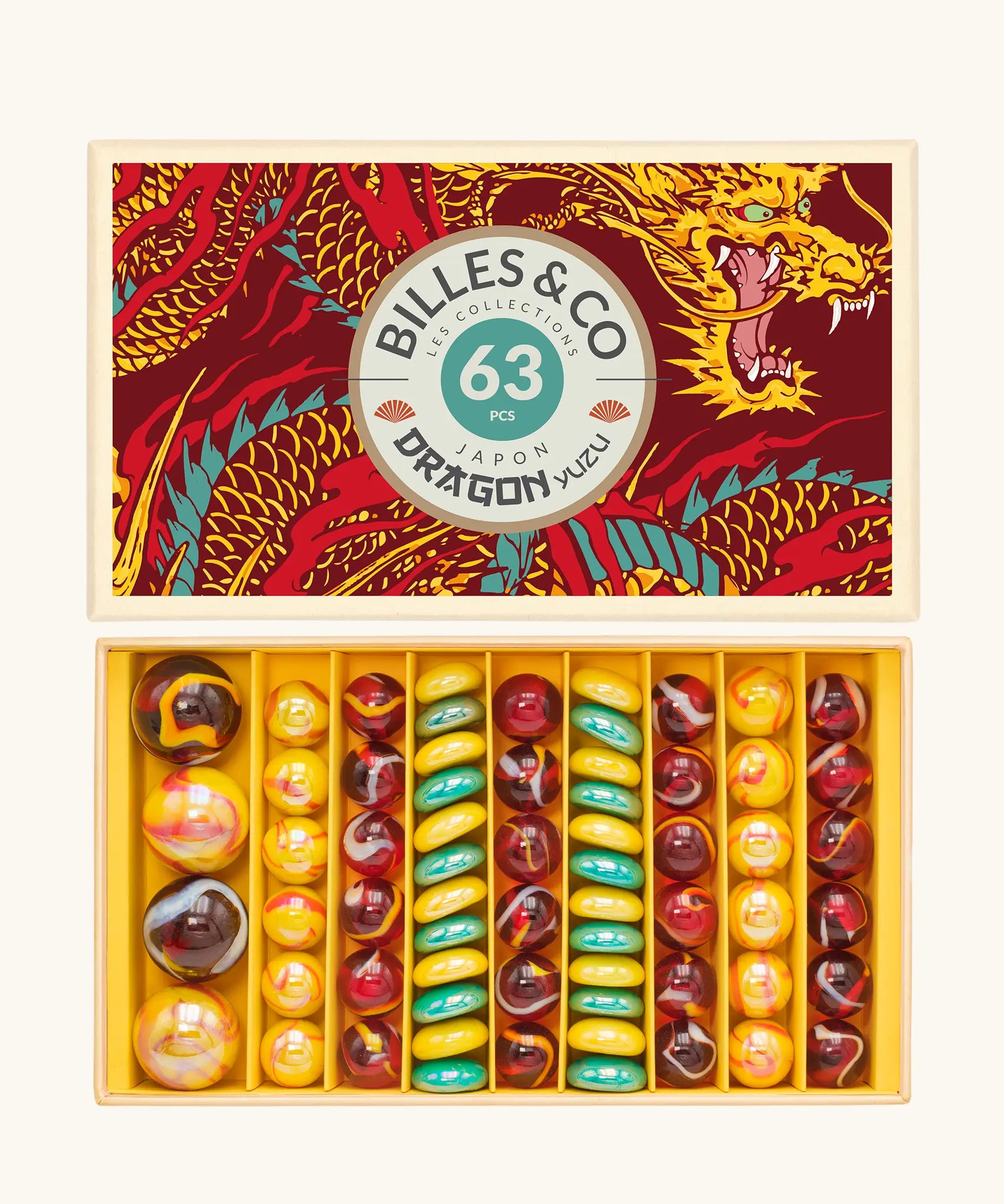 Billes and Co glass marbles Japan Dragon Yuzu in red, yellow and blue - a mix of large, standard and flat marbles in a dragon gift box.