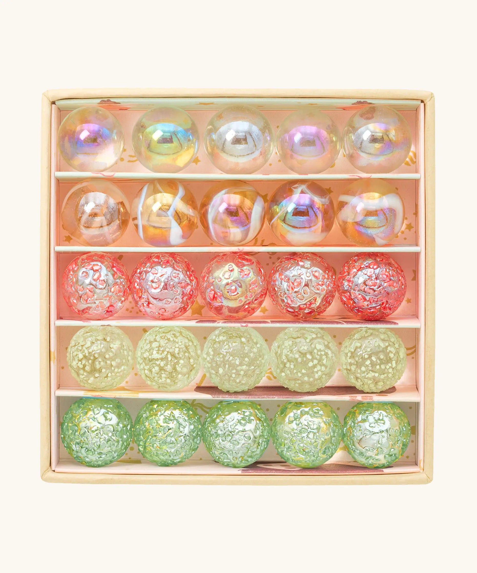 Billes & Co pink fairy marble mini box showing individual round glass marbles in pastel colours inside cardboard packaging