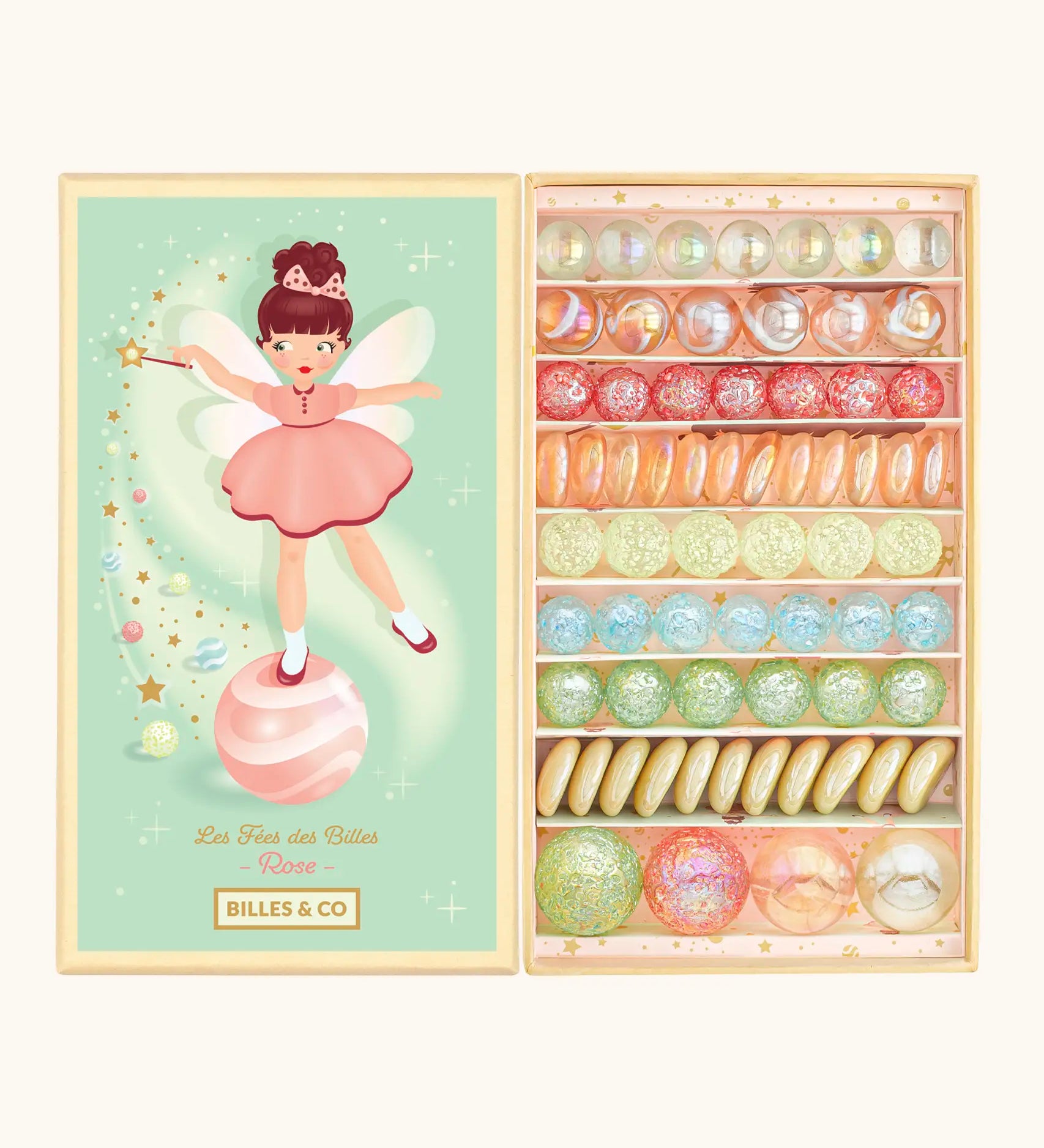 Billes & Co pink fairy marble set presented in a decorated box showing 71 different round and flat marbles in pastel colours