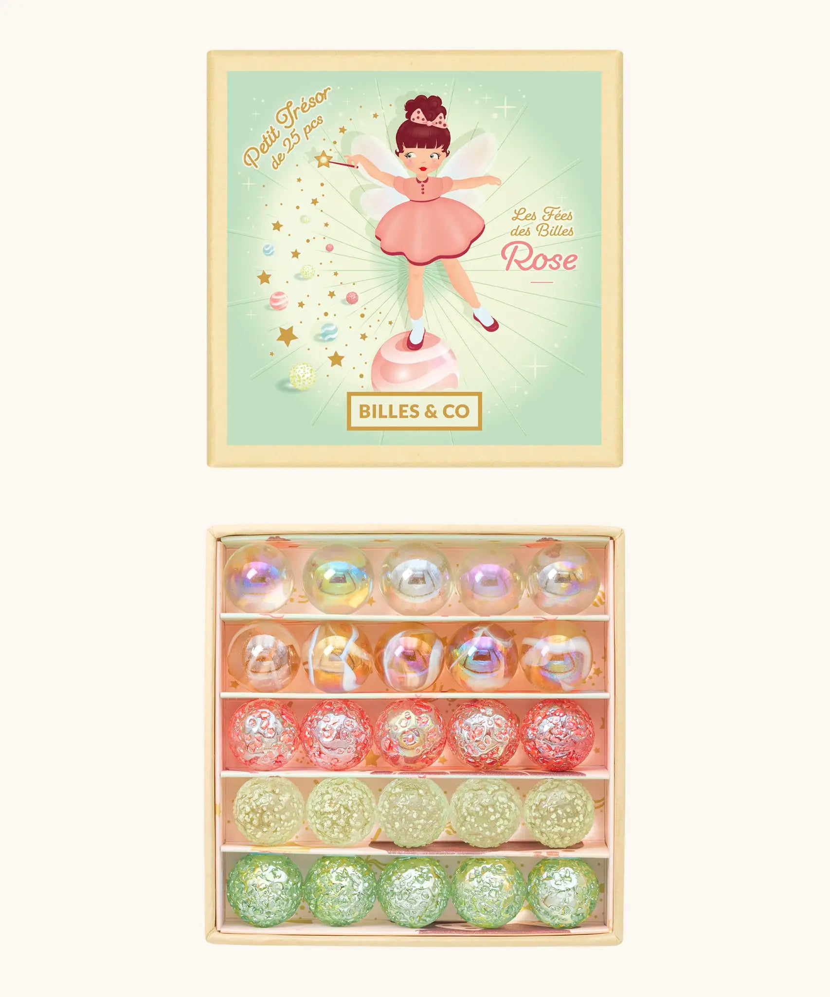 Billes & Co pink fairy marble mini box set presented in a decorated box showing 25 different marbles in pastel colours