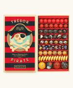 Billes & Co pirate treasure marble set showing 85 round and flat marbles in red, black and orange. Comes in a pirate decorated box