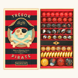 Billes & Co pirate treasure 85 marble set showing round and flat marbles in red, black and orange. Comes in a pirate decorated box