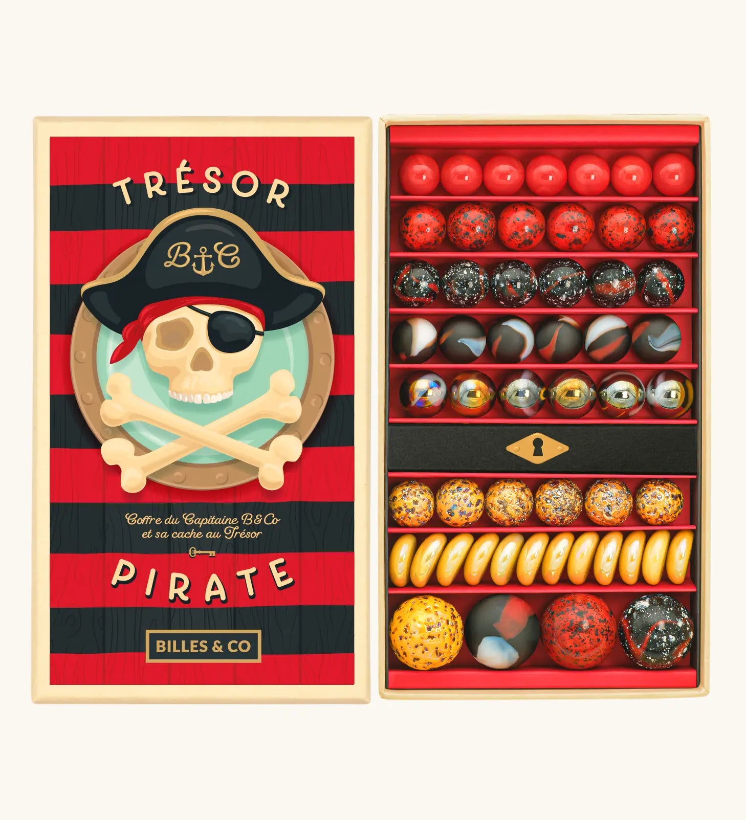 Billes & Co pirate treasure 85 marble set showing round and flat marbles in red, black and orange. Comes in a pirate decorated box