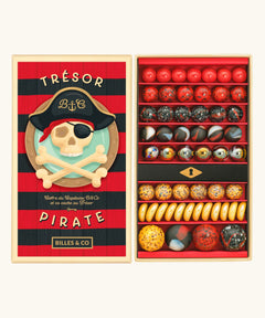 Billes & Co pirate treasure 85 marble set showing round and flat marbles in red, black and orange. Comes in a pirate decorated box