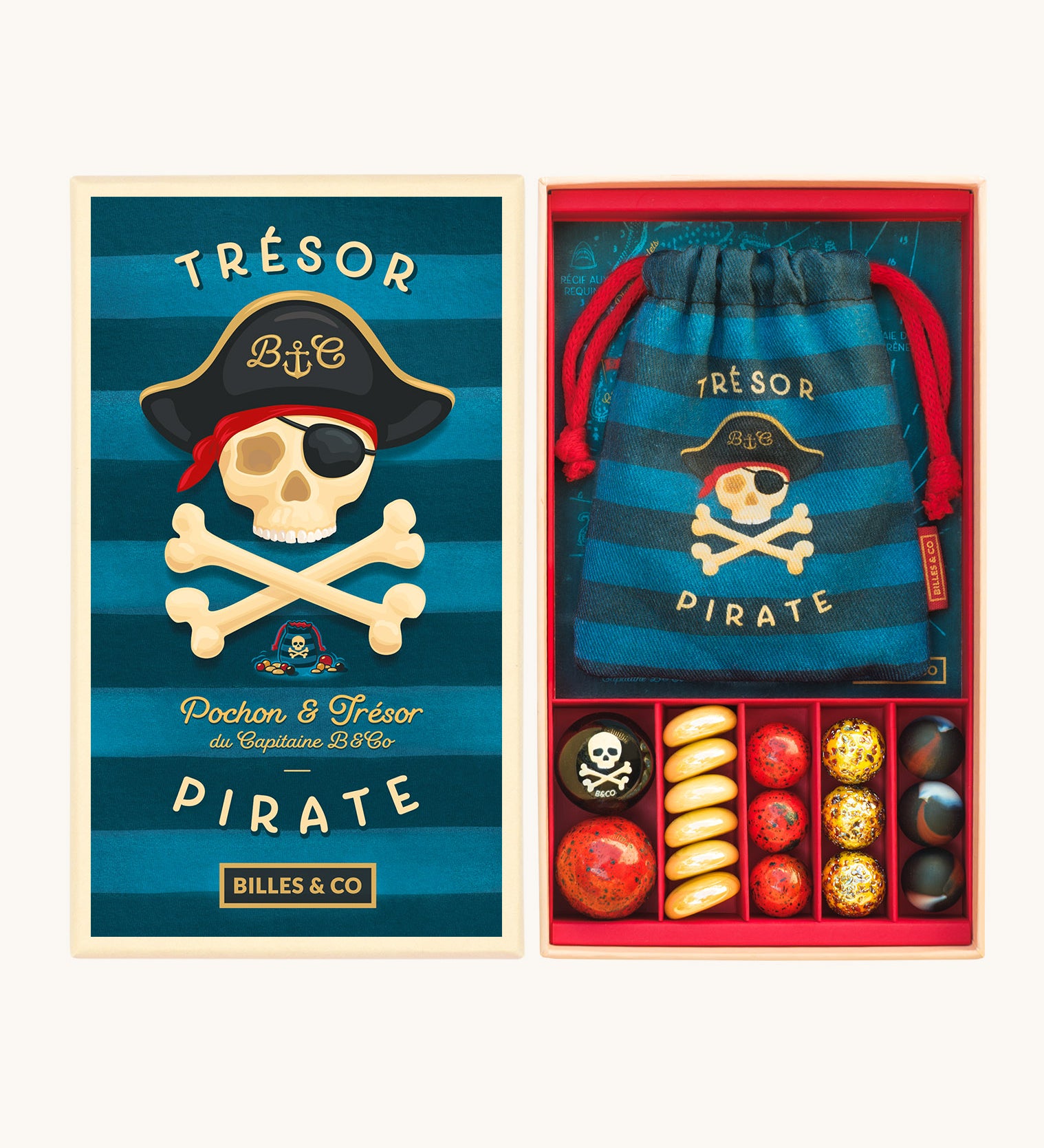 Billes & Co pirate treasure marbles available at Babipur. A box of 17 marbles and pebbles in pirate treasure inspired colours. Set comes with a blue striped pouch with a skull and bones design.