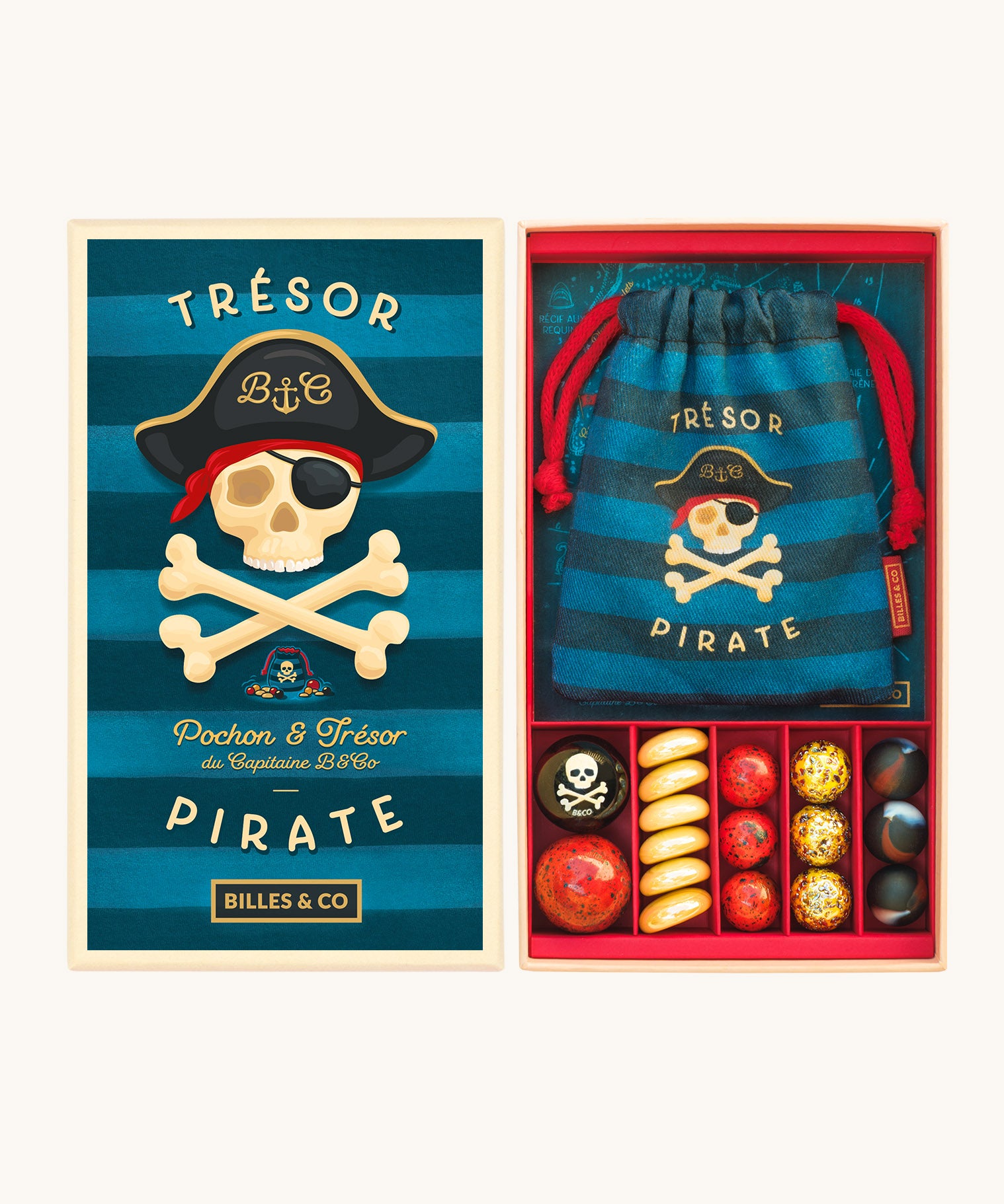 Billes & Co pirate treasure marbles available at Babipur. A box of 17 marbles and pebbles in pirate treasure inspired colours. Set comes with a blue striped pouch with a skull and bones design.