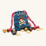 A close up of the blue striped treasure pouch for marbles from the Billes & Co pirate treasure marbles available at Babipur.