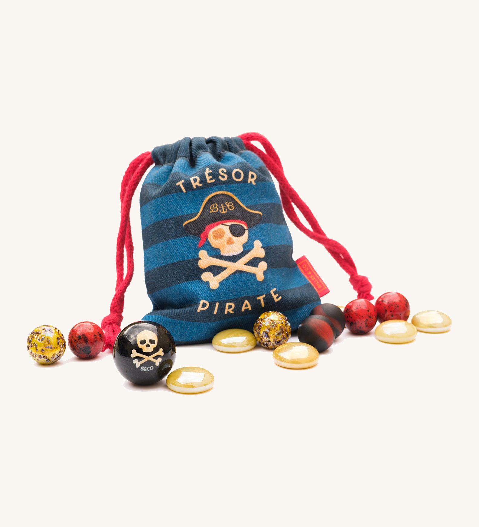 A close up of the blue striped treasure pouch for marbles from the Billes & Co pirate treasure marbles available at Babipur.