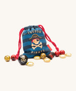 A close up of the blue striped treasure pouch for marbles from the Billes & Co pirate treasure marbles available at Babipur.