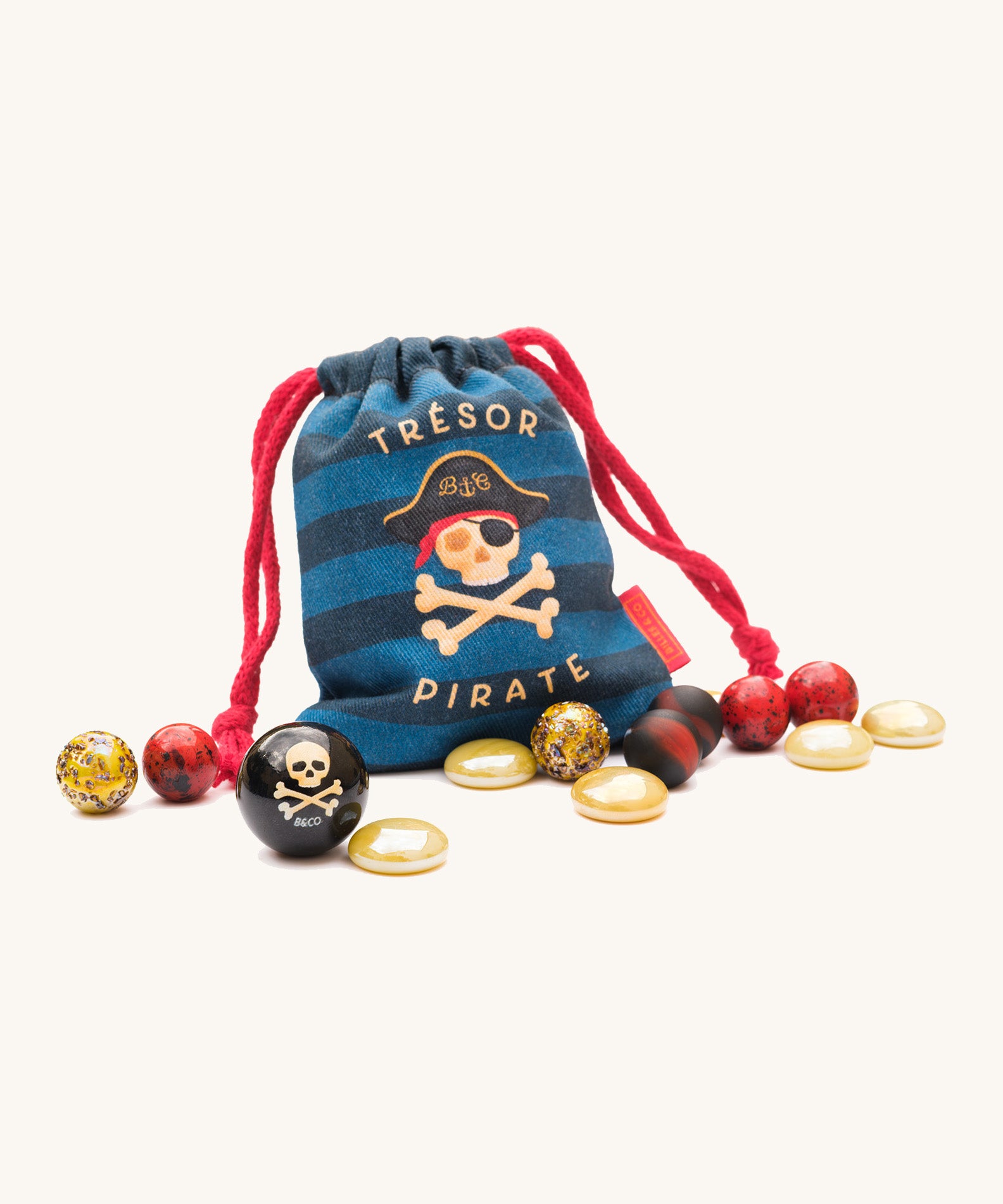 A close up of the blue striped treasure pouch for marbles from the Billes & Co pirate treasure marbles available at Babipur.