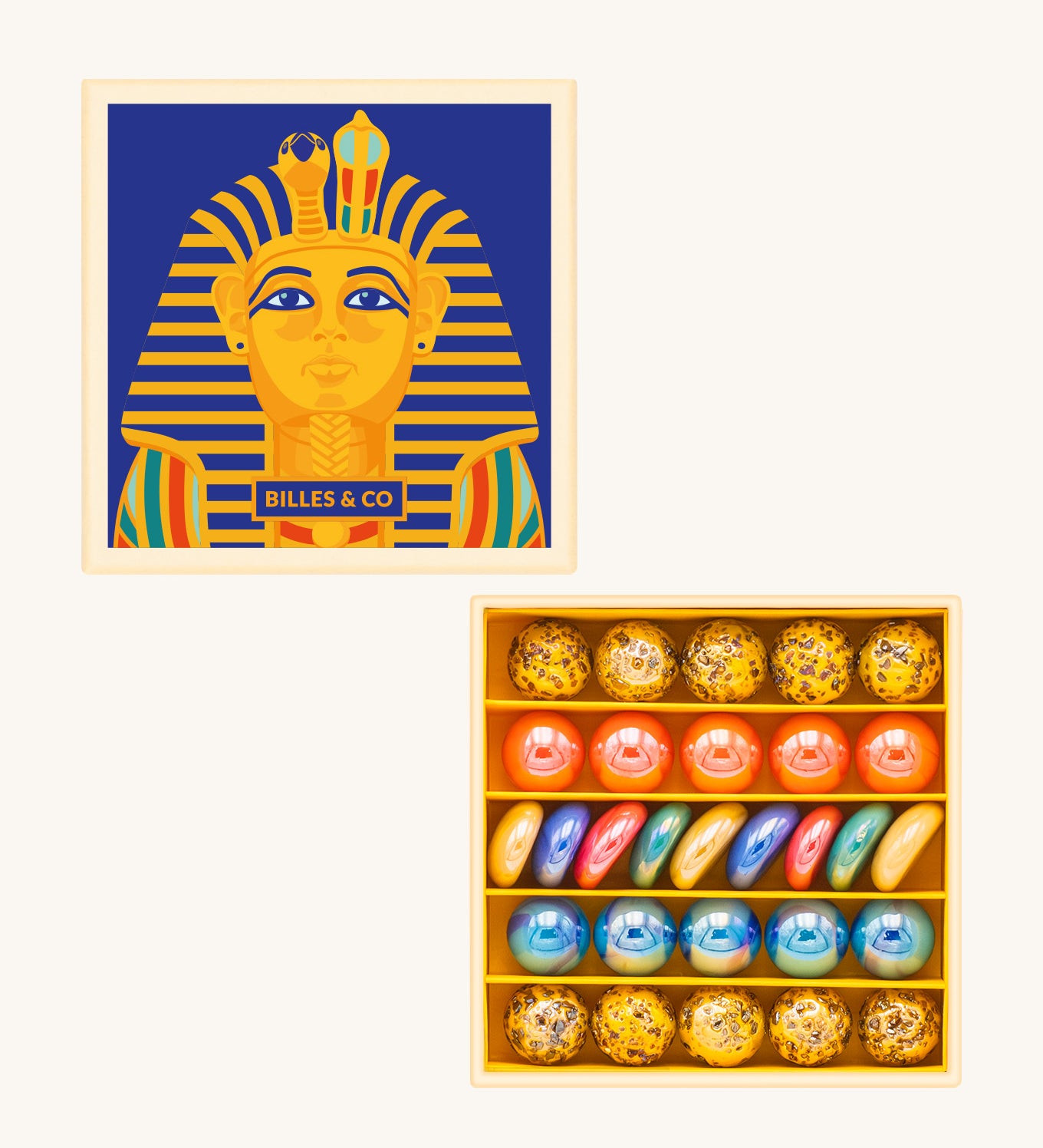 Billes & Co Toutankhamon mini marble box available at Babipur. A box of 29 marbles and pebbles in Pharaoh inspired colours. Set comes in a cardboard box with a Pharaoh on the front.