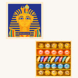 Billes & Co Toutankhamon mini marble box available at Babipur. A box of 29 marbles and pebbles in Pharaoh inspired colours. Set comes in a cardboard box with a Pharaoh on the front.