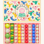 Billes & Co Happy Cactus Marbles Box - 58 Pack. A set of 58 colourful marbles in yellow, green, red, blue and white with colourful sprinkles