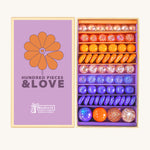 Billes & Co Hundred Pieces & Love Marbles Box - 61 Pack. Round and flat marbles in ombre shades of pink, orange, yellow and purple