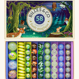 Billes & Co forest magic marble set showing 58 large small and flat coloured marbles presented in a magic forest themed box