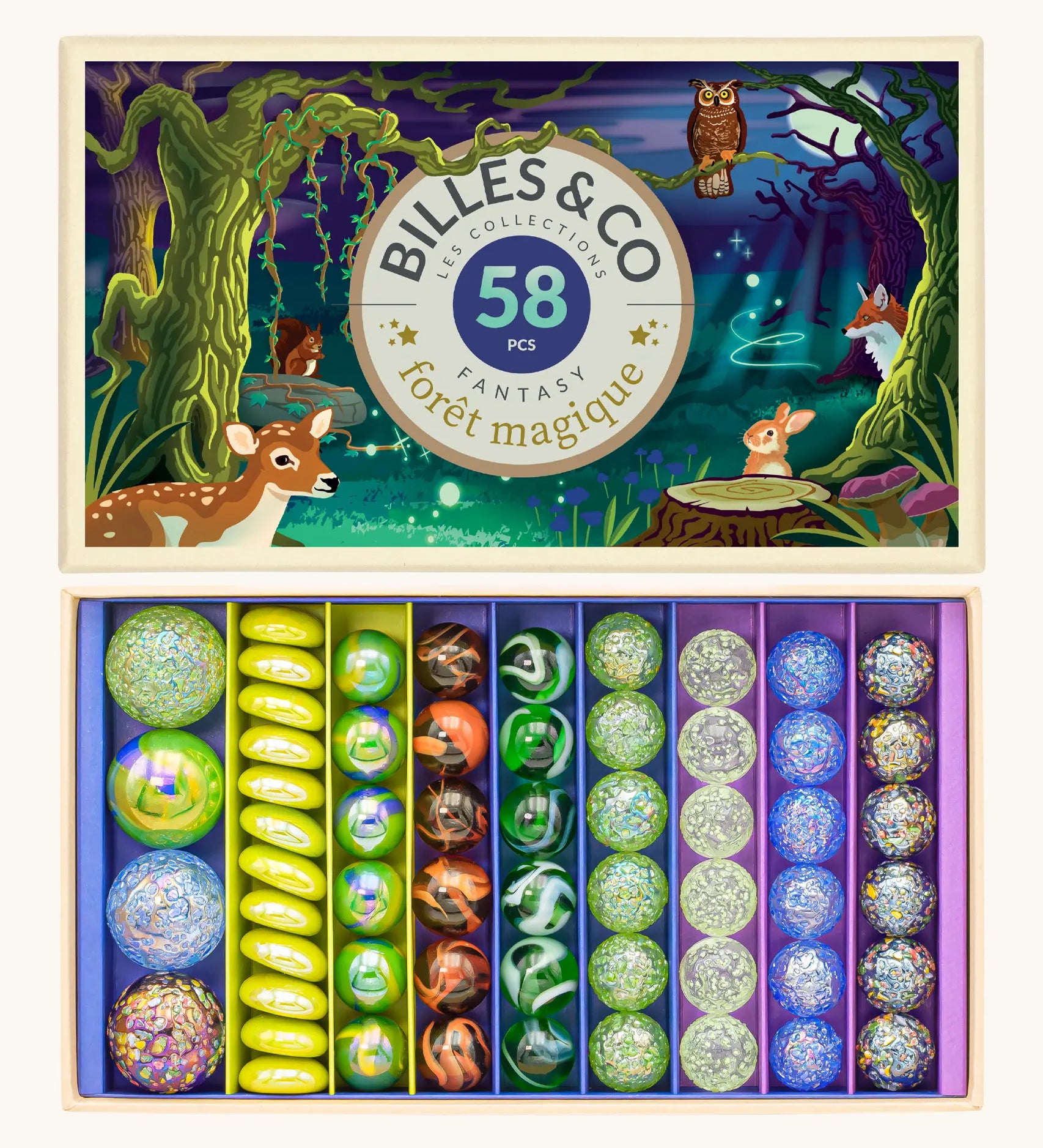 Billes & Co forest magic marble set showing 58 large small and flat coloured marbles presented in a magic forest themed box
