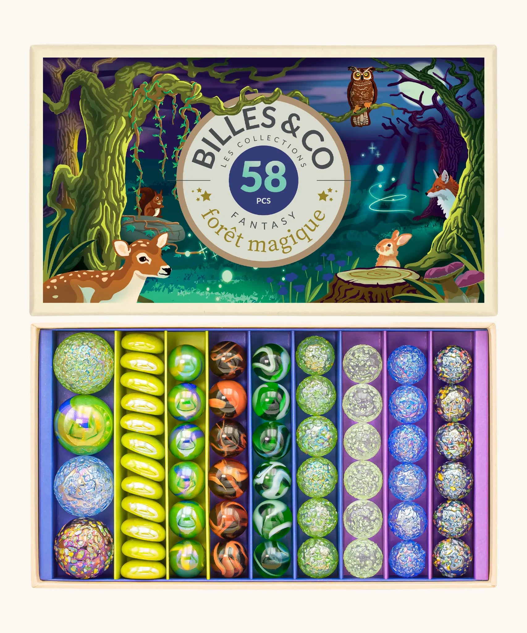 Billes & Co forest magic marble set showing 58 large small and flat coloured marbles presented in a magic forest themed box