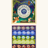 Billes & Co forest magic marble set showing 25 different coloured marbles presented in a magic forest themed box