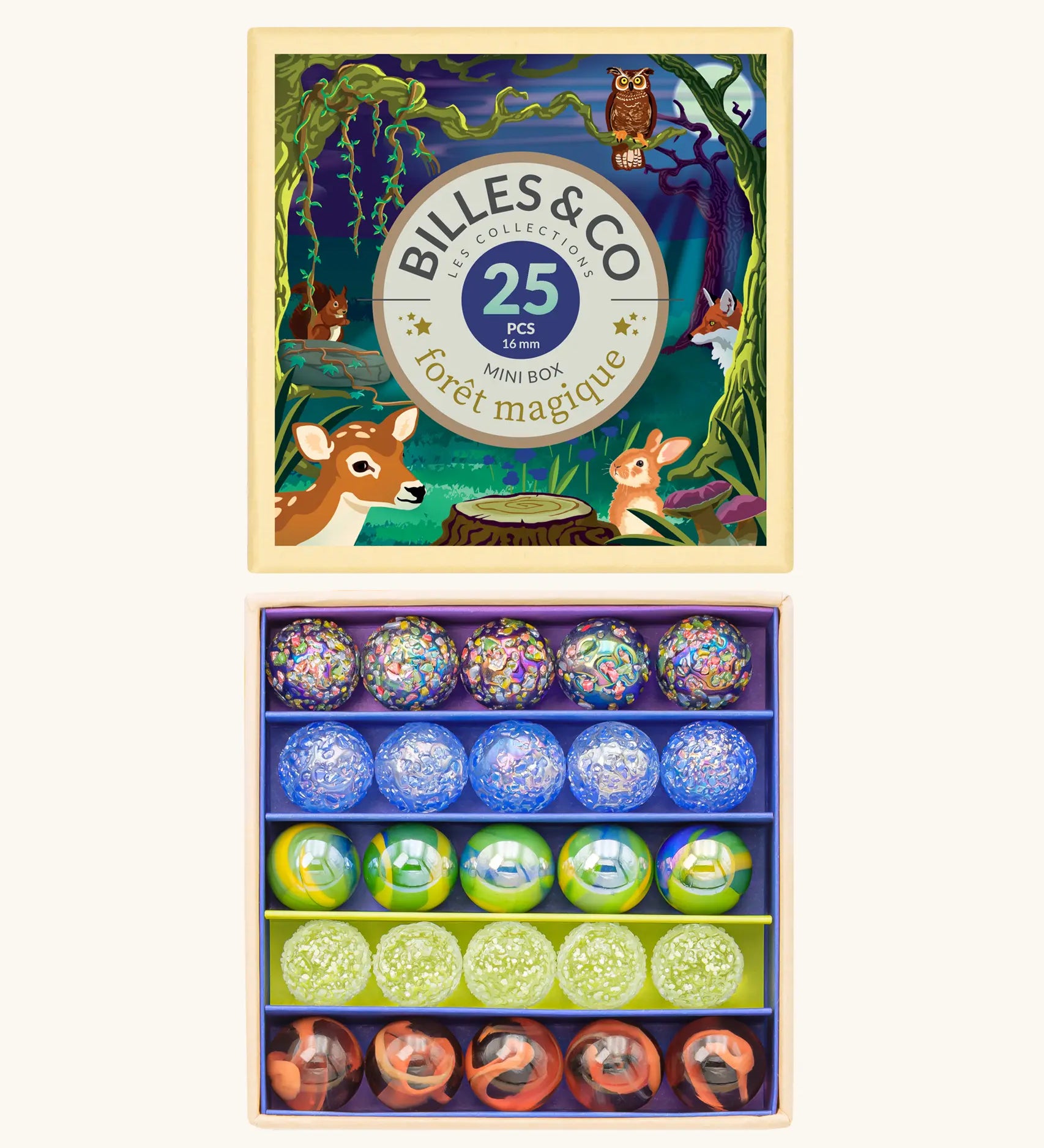 Billes & Co forest magic marble set showing 25 different coloured marbles presented in a magic forest themed box