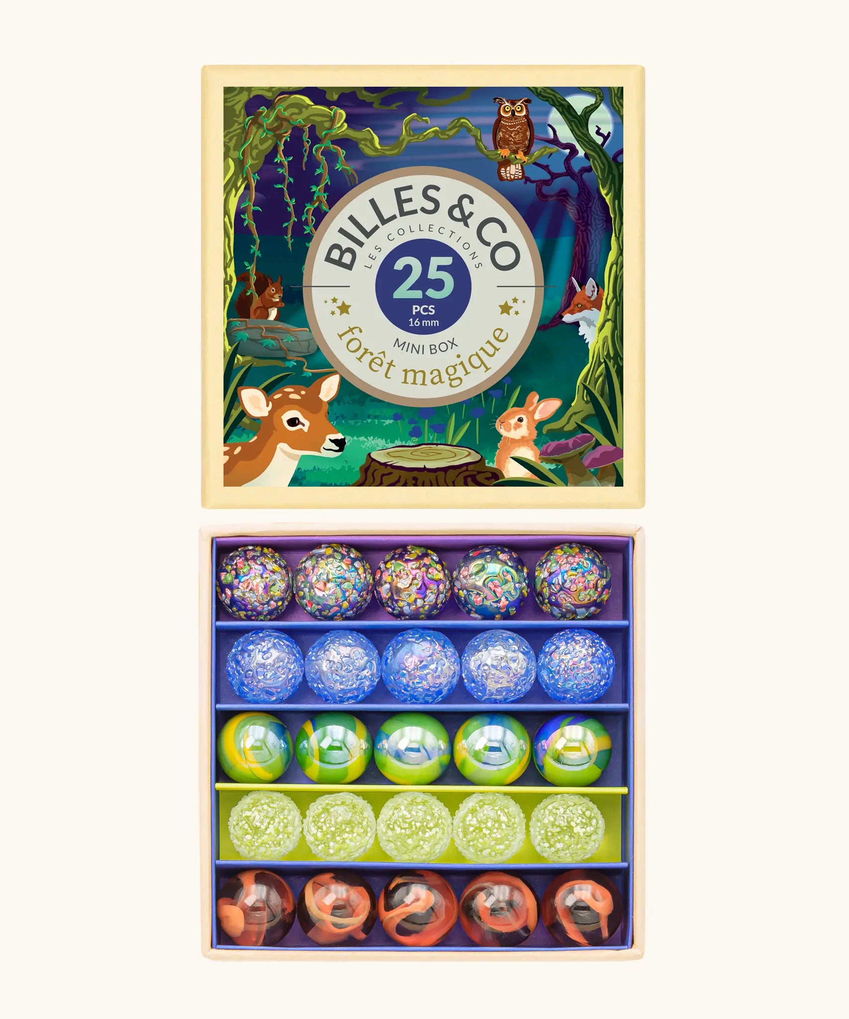 Billes & Co forest magic marble set showing 25 different coloured marbles presented in a magic forest themed box