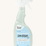 A 500ml bottle of Bio-D all purpose sanitise in fragrance free with a spray nozzle. This sanitiser spray is available at Babipur.