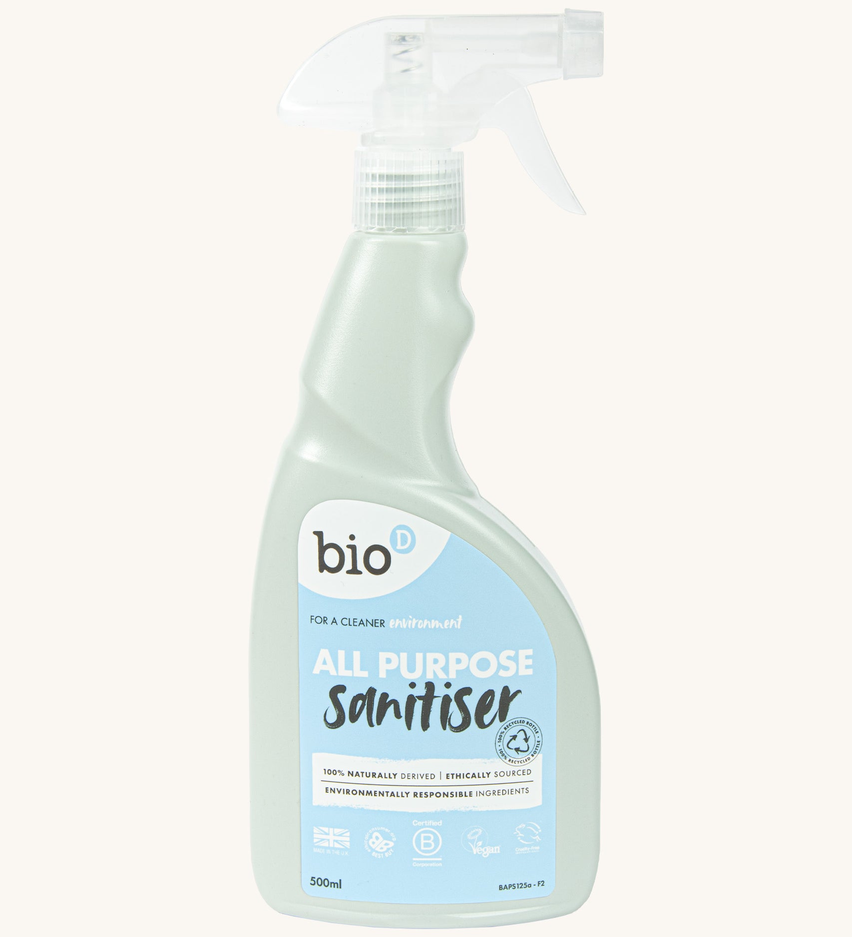 A 500ml bottle of Bio-D all purpose sanitise in fragrance free with a spray nozzle. This sanitiser spray is available at Babipur.