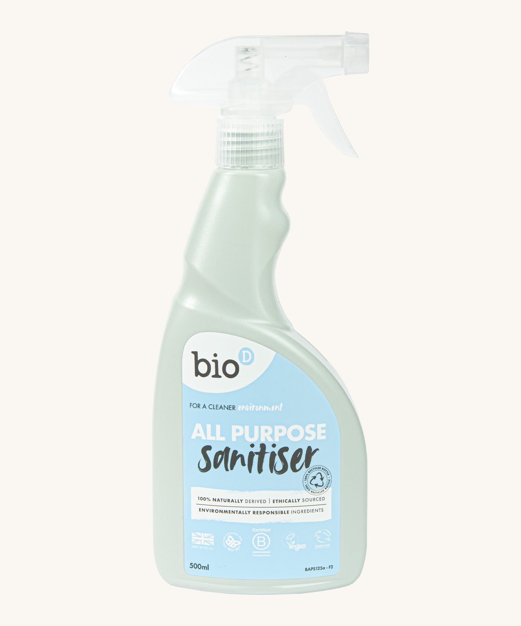 A 500ml bottle of Bio-D all purpose sanitise in fragrance free with a spray nozzle. This sanitiser spray is available at Babipur.