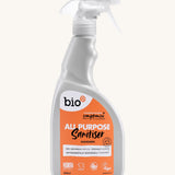 A 500ml bottle of Bio-D all purpose sanitise in mandarin with a spray nozzle. This sanitiser spray is available at Babipur.