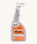 A 500ml bottle of Bio-D all purpose sanitise in mandarin with a spray nozzle. This sanitiser spray is available at Babipur.