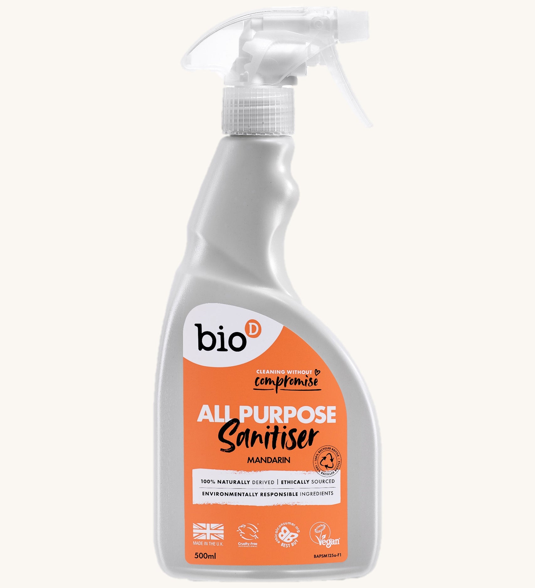 A 500ml bottle of Bio-D all purpose sanitise in mandarin with a spray nozzle. This sanitiser spray is available at Babipur.