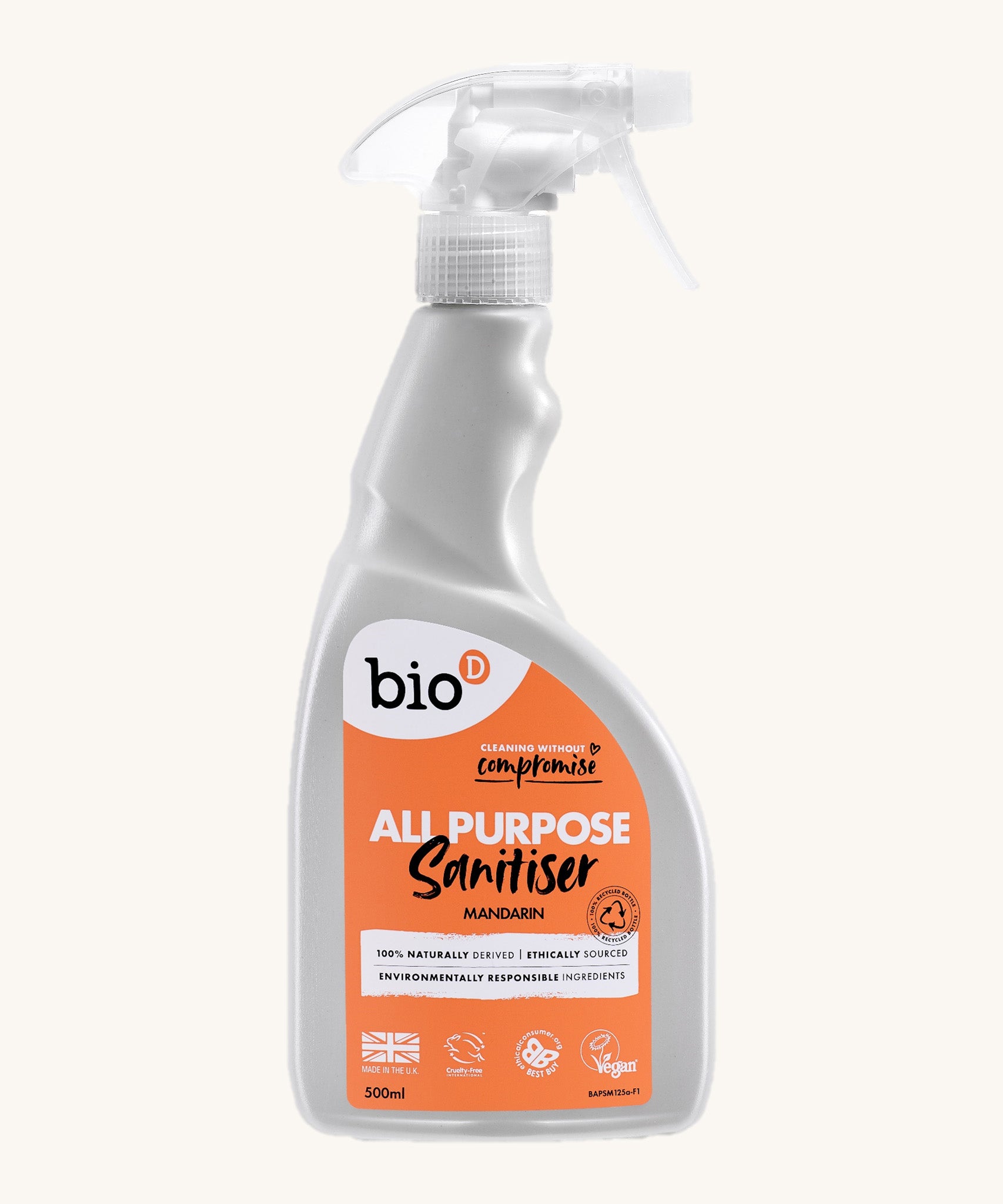 A 500ml bottle of Bio-D all purpose sanitise in mandarin with a spray nozzle. This sanitiser spray is available at Babipur.