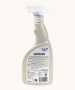 Back of Front of Bio-D  cotton fresh fabric refresher in a 500ml spray bottle showing instructions and warning message