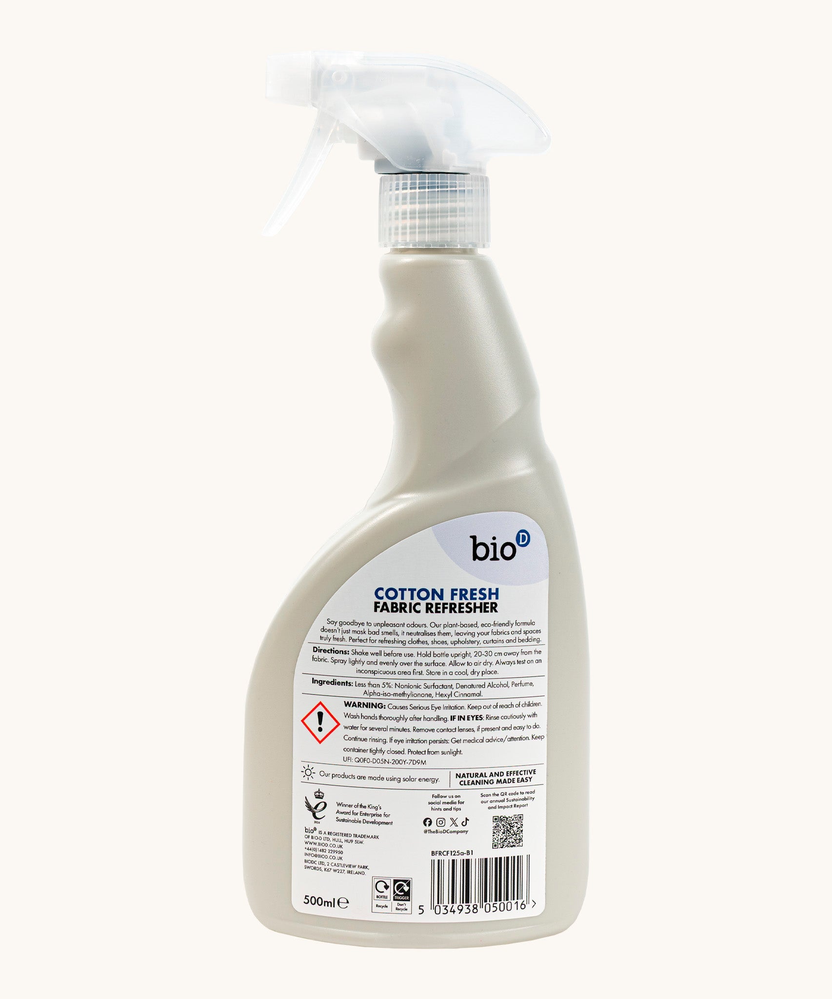 Back of Front of Bio-D  cotton fresh fabric refresher in a 500ml spray bottle showing instructions and warning message