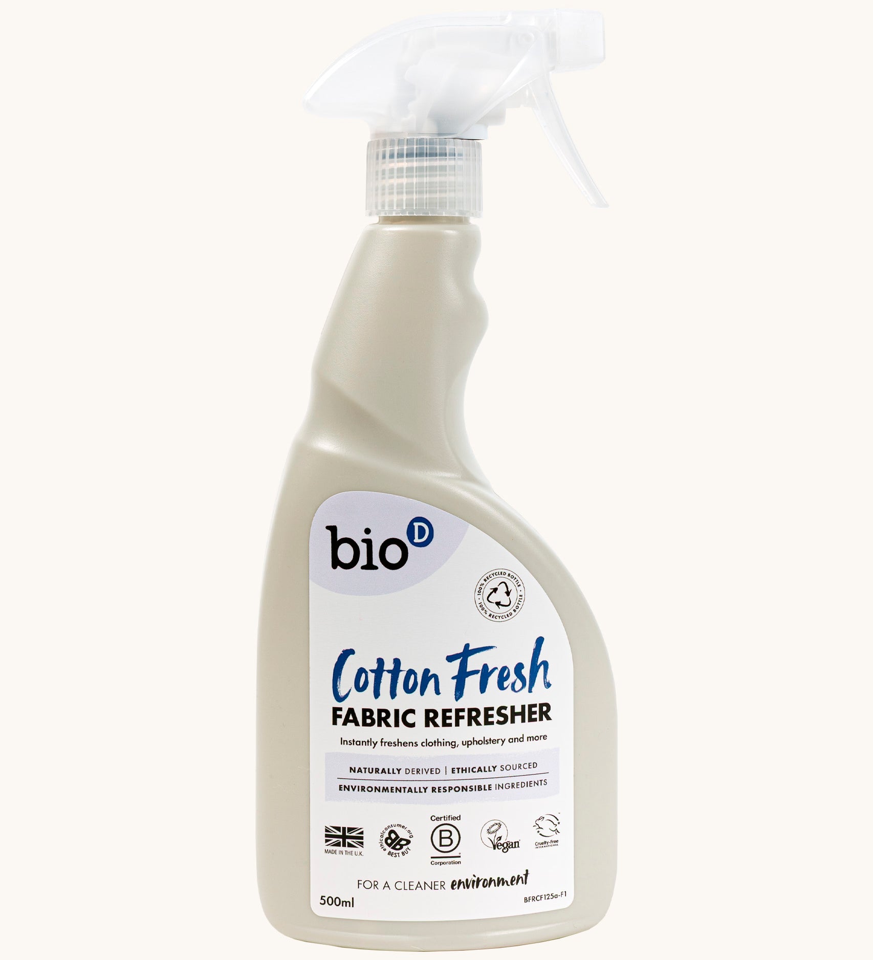 Bio-D vegan and cruelty free cotton fresh fabric refresher liquid in a 500ml spray bottle