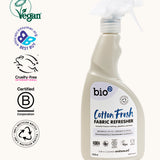 Bio-D vegan and cruelty free cotton fresh fabric refresher liquid in a 500ml spray bottle with accreditations on the side