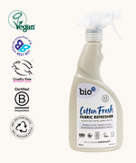 Bio-D vegan and cruelty free cotton fresh fabric refresher liquid in a 500ml spray bottle with accreditations on the side