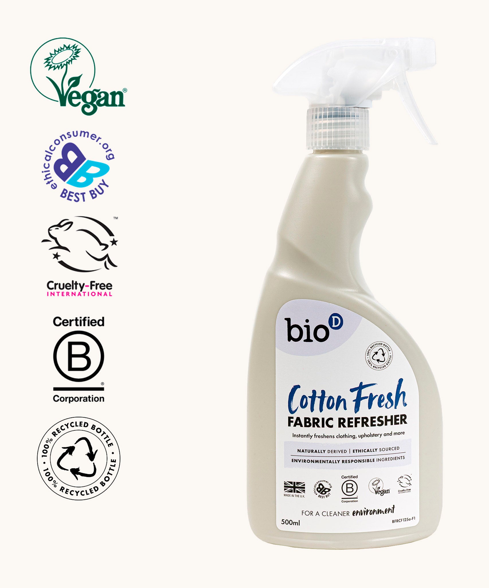 Bio-D vegan and cruelty free cotton fresh fabric refresher liquid in a 500ml spray bottle with accreditations on the side