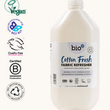 Front of Bio-D vegan and cruelty free cotton fresh fabric refresher liquid in a 5L bottle with accreditations on the side