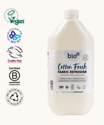 Front of Bio-D vegan and cruelty free cotton fresh fabric refresher liquid in a 5L bottle with accreditations on the side