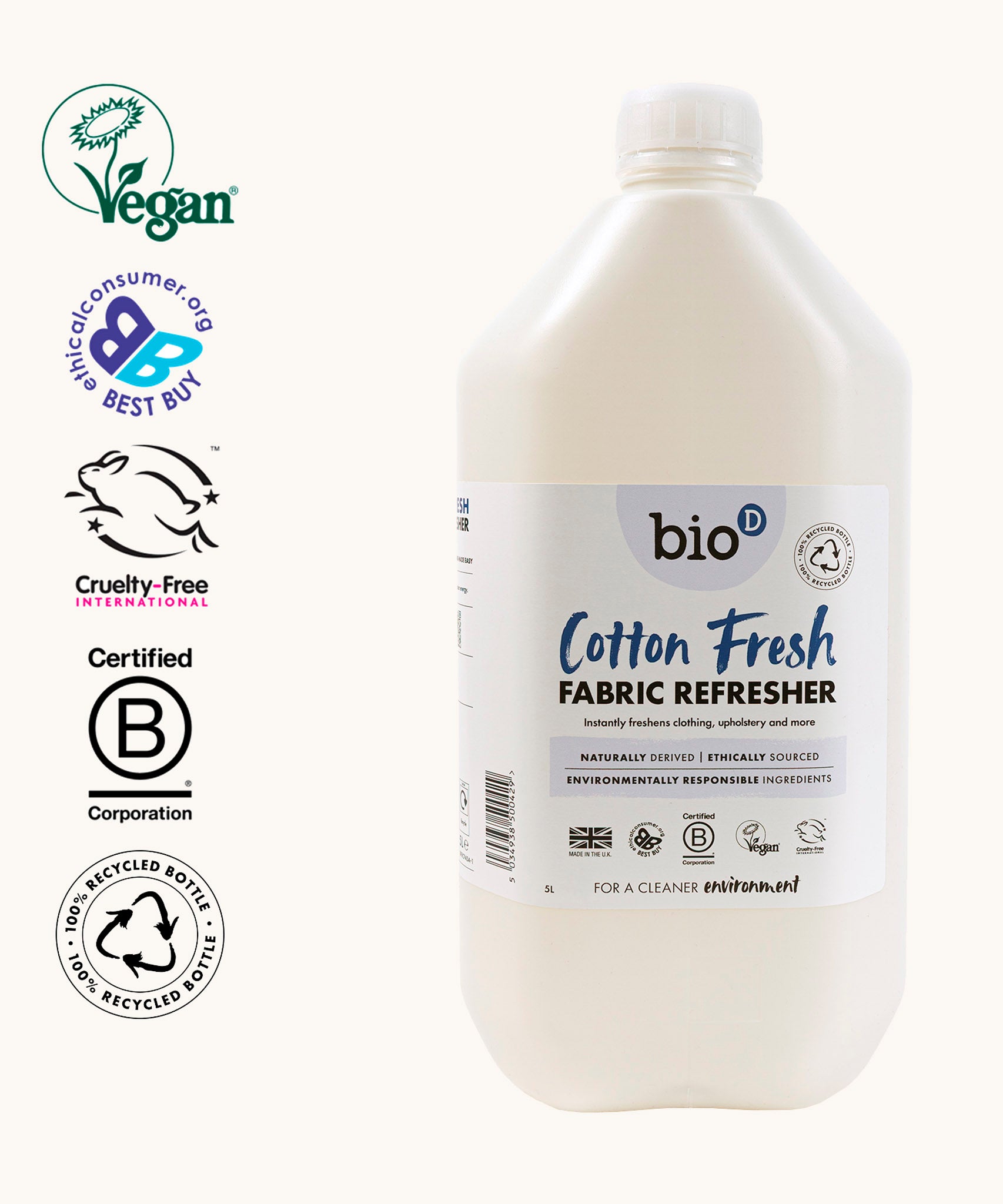 Front of Bio-D vegan and cruelty free cotton fresh fabric refresher liquid in a 5L bottle with accreditations on the side