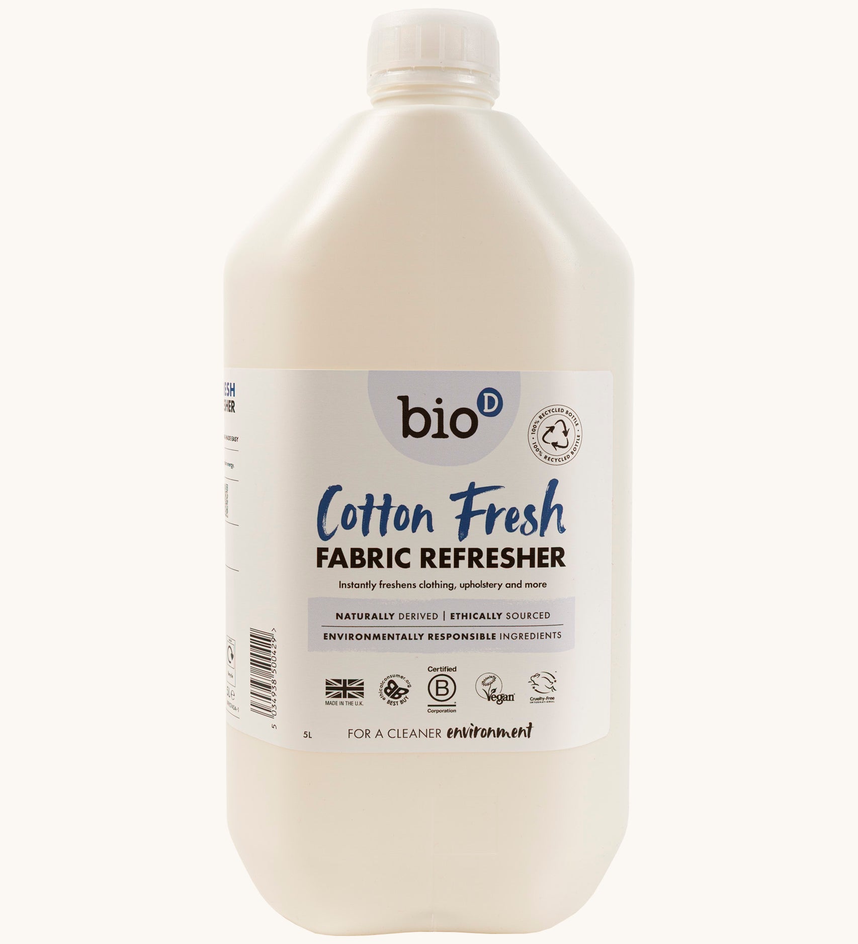 Front of Bio-D vegan and cruelty free cotton fresh fabric refresher liquid in a 5L bottle