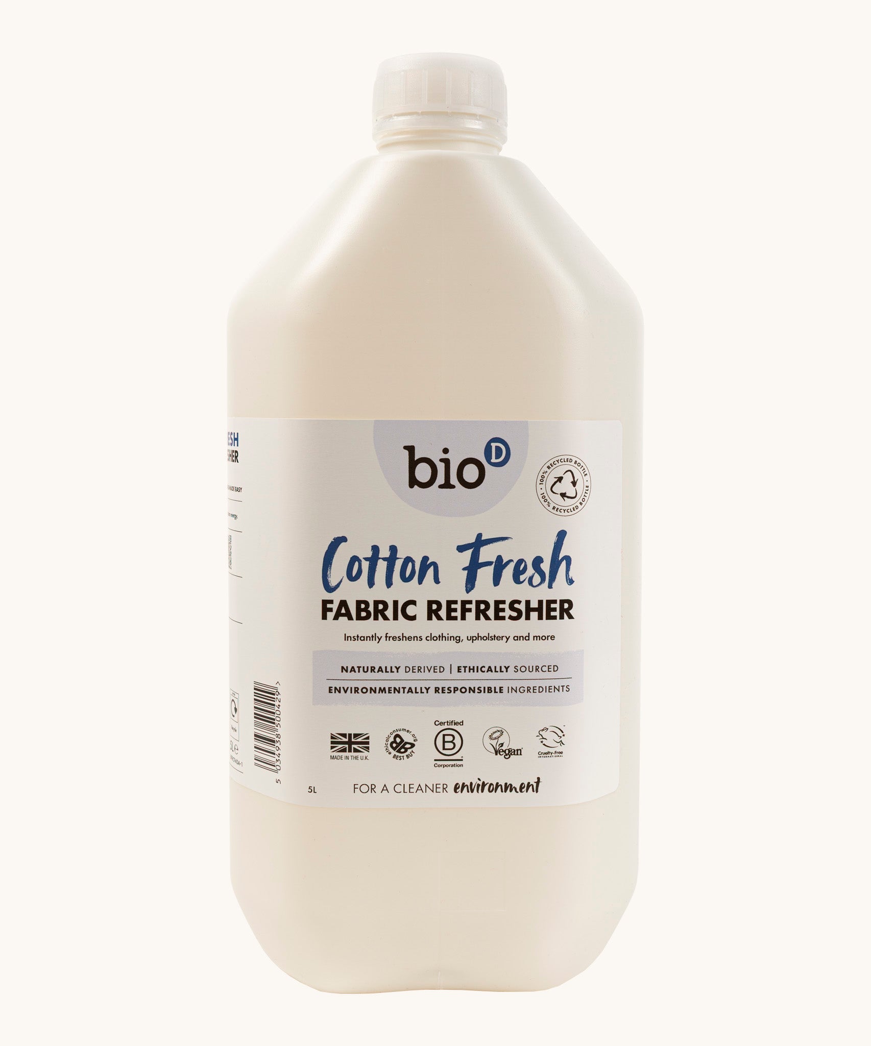 Front of Bio-D vegan and cruelty free cotton fresh fabric refresher liquid in a 5L bottle