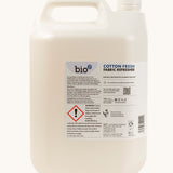Back of Front of Bio-D vegan and cruelty free cotton fresh fabric refresher in a 5L bottle showing instructions and warning message