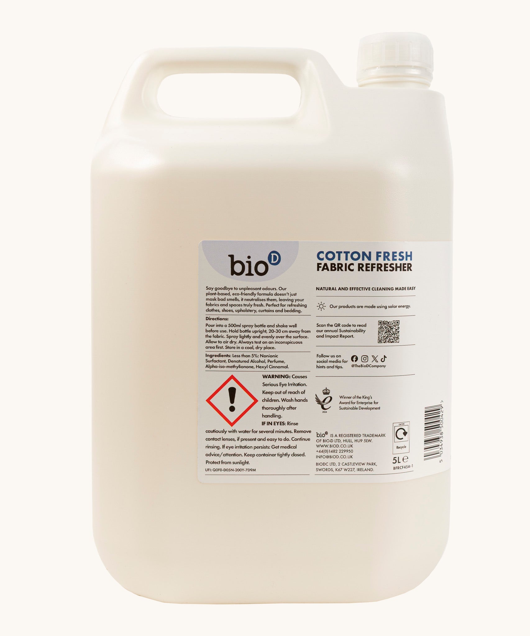 Back of Front of Bio-D vegan and cruelty free cotton fresh fabric refresher in a 5L bottle showing instructions and warning message
