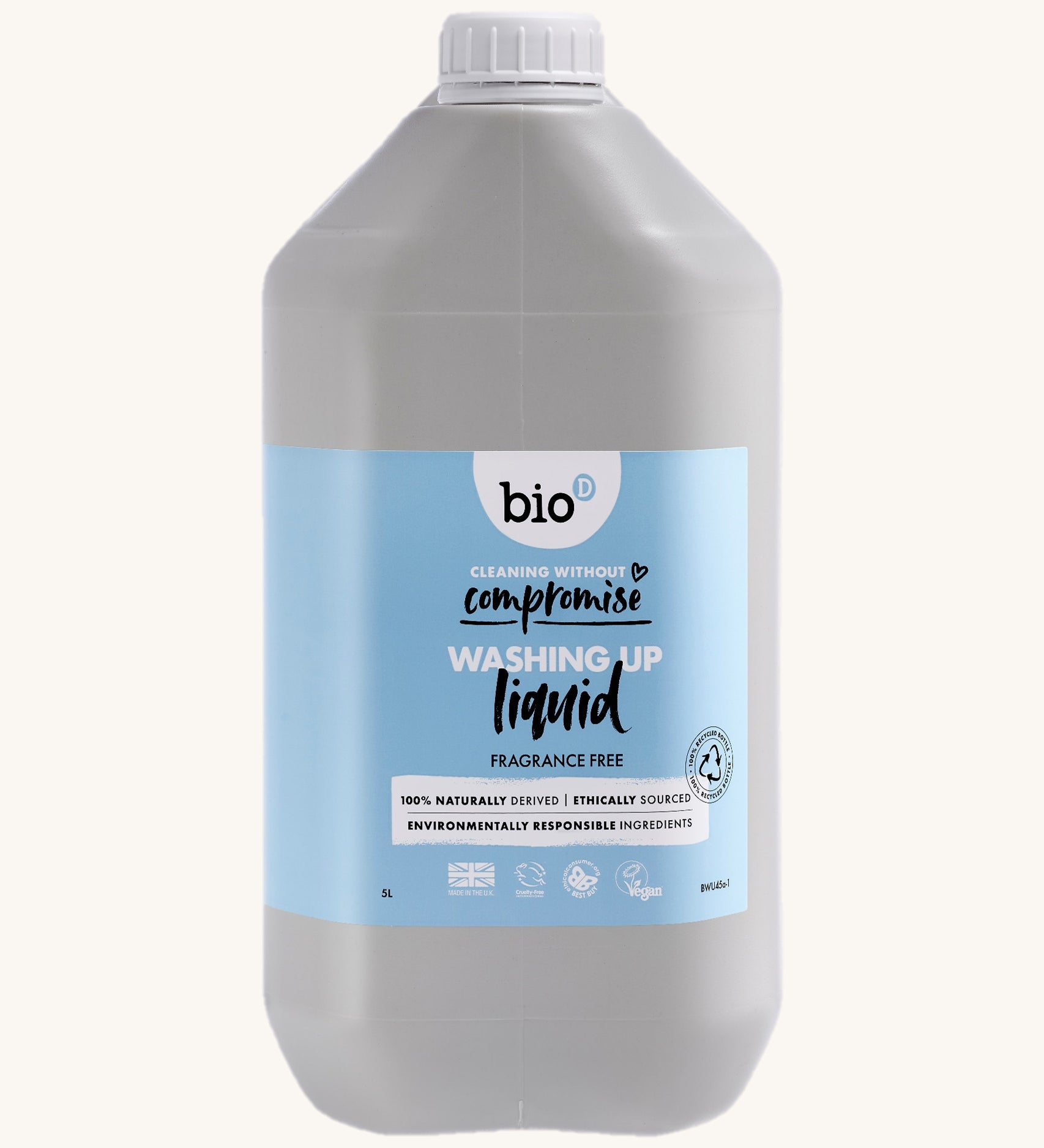 A 5L bottle of Bio-D Yorkshire fragrance free washing up liquid available at Babipur