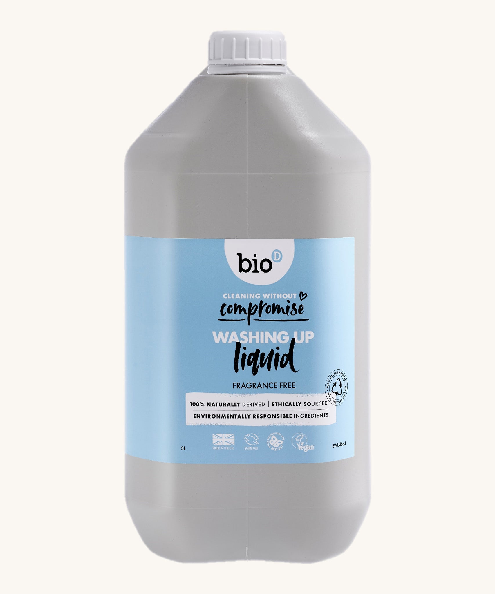 A 5L bottle of Bio-D Yorkshire fragrance free washing up liquid available at Babipur