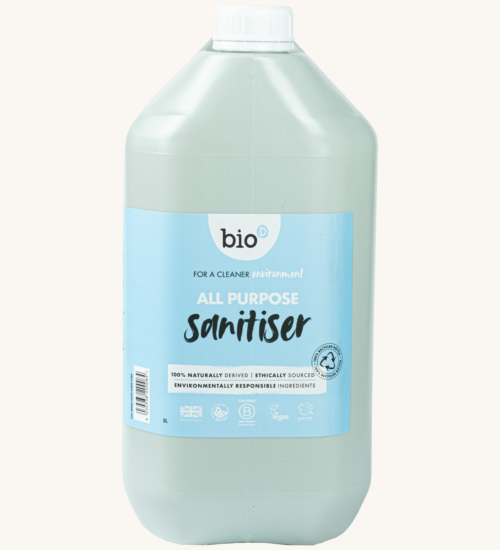 A 5L bottle of Bio-D all purpose sanitiser refill in fragrance free available at Babipur.