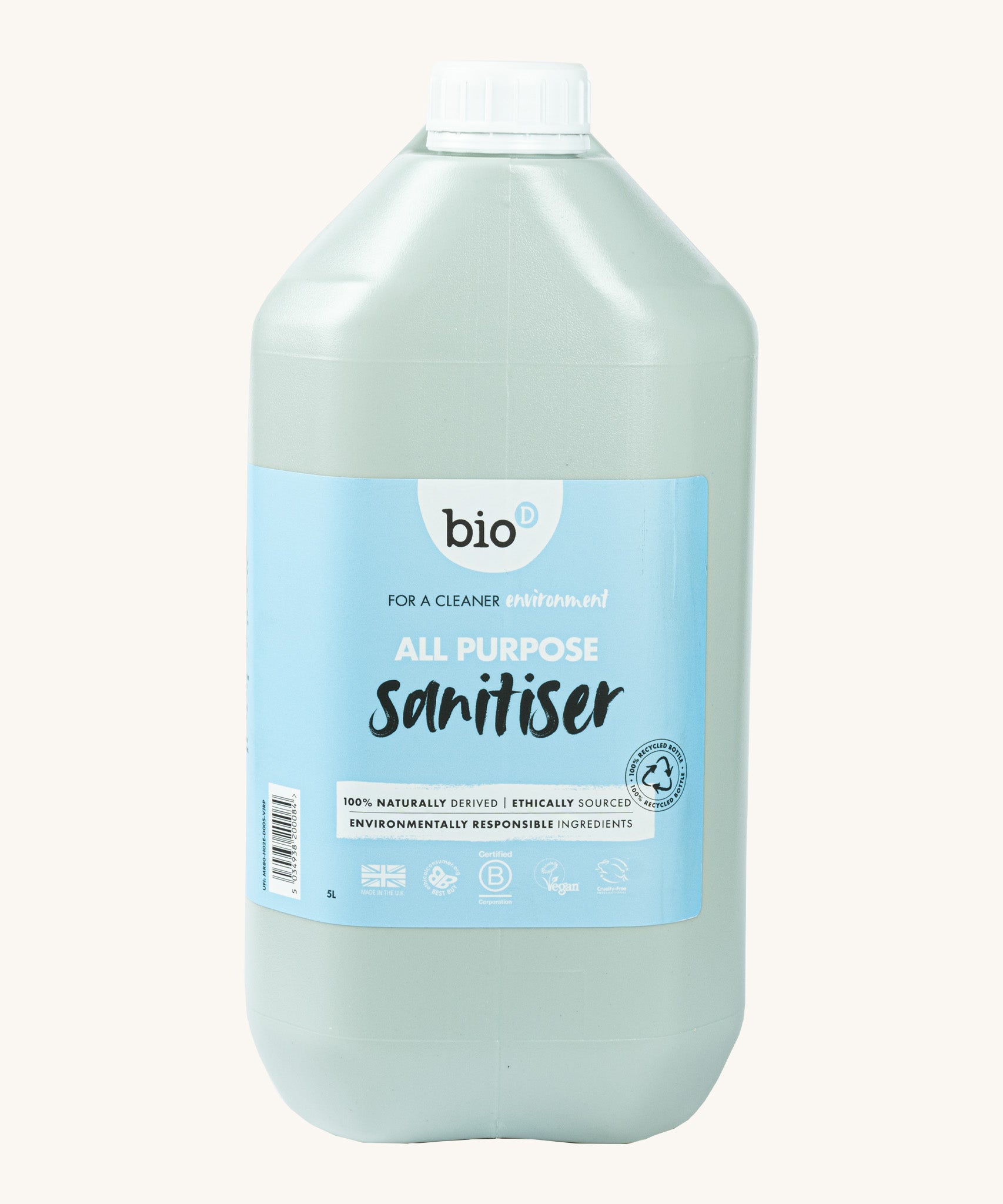 A 5L bottle of Bio-D all purpose sanitiser refill in fragrance free available at Babipur.