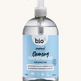 Bio-D fragrance free cleansing handwash in a 500ml bottle and available at Babipur. Comes in a clear bottle and features a push down dispenser